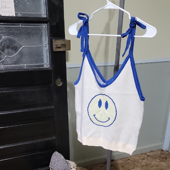 Miss Sparkling Tops - NWOT Miss Sparkling White and Blue Smiley Face Knit Tank Top Woman Size XL
